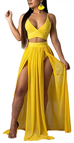 Women Sexy 2 Piece Outfits Dress Chiffon Strap Deep V Neck Bra Crop Top High Split Maxi Dresses Skirt Set Swimwear Cover Ups Yellow M