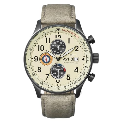 AVI-8 Hawker Hurricane Men's Pilot Watch – Classic Chronograph, Japanese Quartz Movement, 42mm Stainless Steel Case, Leather Strap, AV-4011-0C - Cream Beige