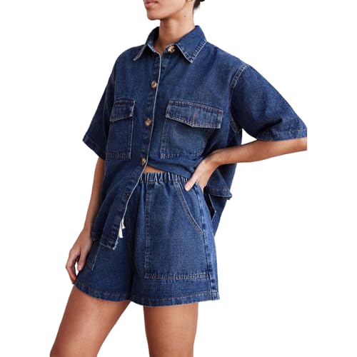 Molilove Women's 2 Piece Denim Outfits Short Sleeve Button Down Shirt High Waist Shorts with Pockets Two Piece Tracksuit