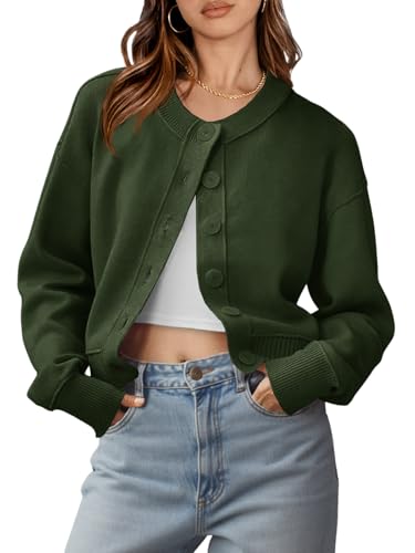 Saodimallsu Womens Button Up Cardigans Fall Trendy Crew Neck Long Sleeve Knit Cropped Sweater Jacket Army Green