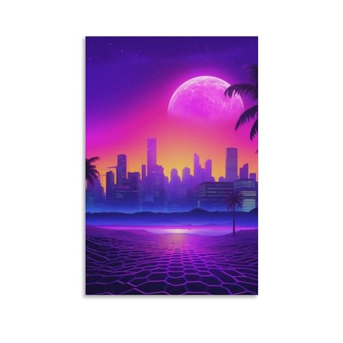 Palm Tree Cityscape Neon Synthwave Retrowave Poster Canvas Wall Art Prints Posters for Room Aesthetic Bedroom Living Room Pictures Paintings Wall Decor for Mens Framed Unframed 24x36inch(60x90cm)