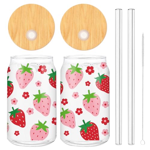 Whaline 2 Pack Strawberry Iced Coffee Cup Red Pink Strawberry Flower Drinking Glasses Cute Beer Can Glass with Lid Straw Cleaning Brush for Home Office Gifts,16oz