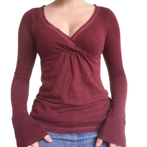 Women Fairy Grunge Aesthetic Shirts Tops Long Sleeve V Neck Tops Girl Basic Slim Fit Blouse Streewear (I-Claret,S)