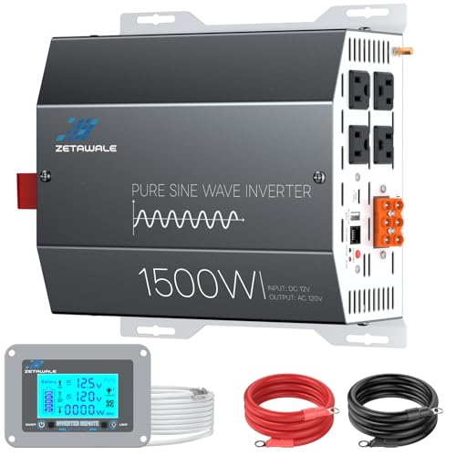 1500 Watt Pure Sine Wave Inverter 12v DC to 110v 120v AC Converter,3000W Peak Power Inverter with 4 AC Outlets,USB Port,Type-C,Remote Control LCD Display for Truck, RV, Vehicles, Solar Off-Grid