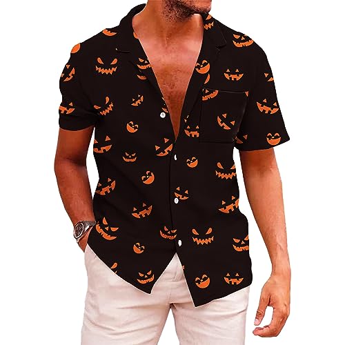 KYKU Pumpkin Face Shirt Mens Short Sleeve Button Down Shirts, Halloween Black, L