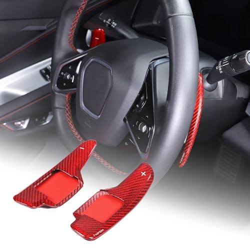 Car Steering Wheel Shifter Paddles Cover Trim Compatible with Chevrolet Corvette C8 2020-2025 100% Real Carbon Fiber 4PCS Shift Paddle Extended Interior Trim Accessories (Red Carbon)