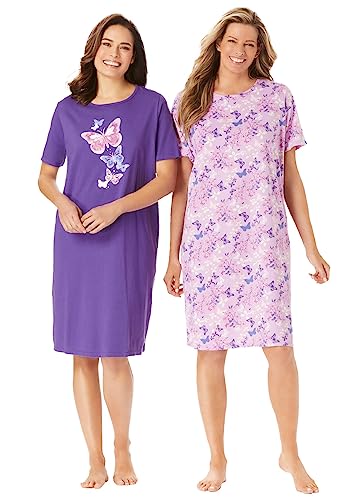 Dreams & Co. Women's Plus Size 2-Pack Short-Sleeve Sleepshirt - 5X/6X, Plum Burst Floral Butterfly