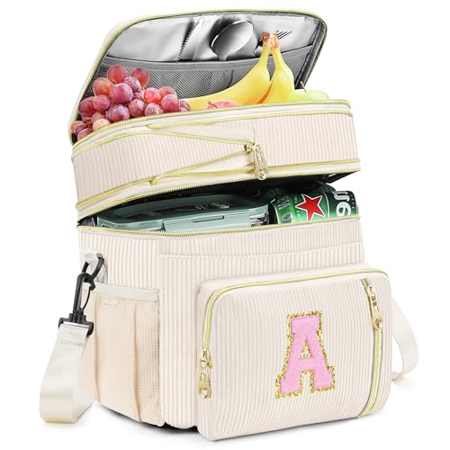 Lunch Box for Women Insulated Lunch Bag-16L-Leakproof Cooler Bag Personalized Adult Lunch Box with Adjustable Shoulder Strap, Gift for Women/Stuff/Teacher for Work Picnin Travel, Beige, Initial A
