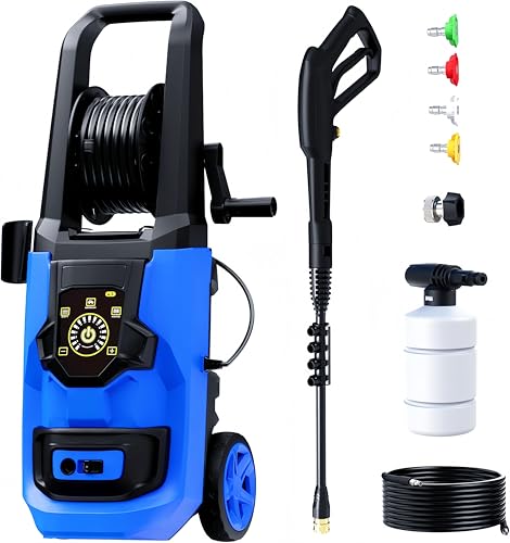 QIOMALA Electric Pressure Washer, 5000 PSI 3.2 GPM Adjustable Touch Screen, High Pressure Cleaning Machine with 35 FT Power Cord, 4 Nozzles, Hose Reel, Foam Cannon for Car/Patio/Garage