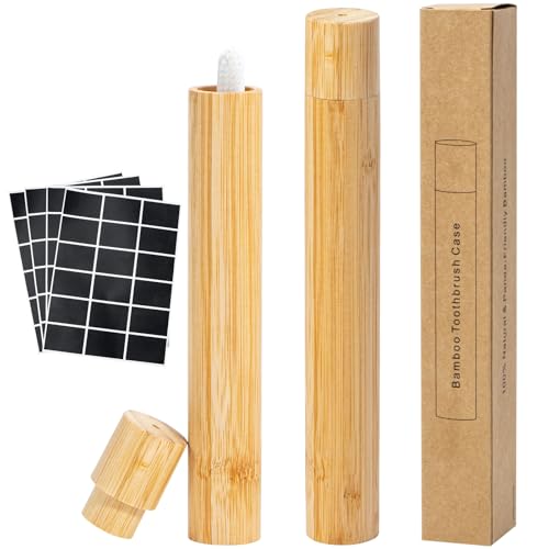 Yeeco 2 Pcs Portable Bamboo Toothbrush Case, Wooden Toothbrush Covers Storage Container Reusable Toothbrush Travel Holder Sustainable for Trip Camping Home Travelling Attach 4 Pcs Sticky Label