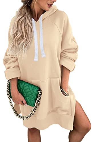 PRETTYGARDEN Women's Casual Pullover Sweatshirt Long Sleeve Split Hem Hoodie Dress with Kangaroo Pocket (Apricot,Small)