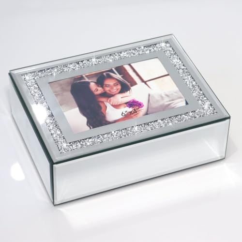 QMDECOR Crushed Diamond Mirrored Jewelry Box With Photograph 4x6inch On Top, Silver Glass Bling Jewelry Organizer Photo Picture Frame Storage Box For Gift