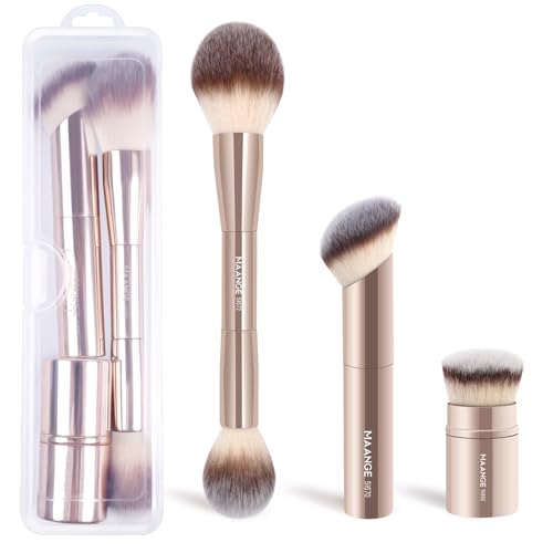 MAANGE 3 PCS Foundation Makeup Brush Set, Double-ended Kabuki Brush Contour Brush for Liquid Powder Concealer Cream Cosmetics Blending Blush Buffing Face Makeup Tools (Gold)