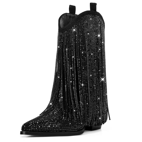 Ouepiano Black Cowboy Boots for Women - Black Cowgirl Rhinestone Boots with Sparkly Fringe Pointed Toe Western Boot Chunky Heel Pull-On Wide Calf Botas Vaqueras Size 8