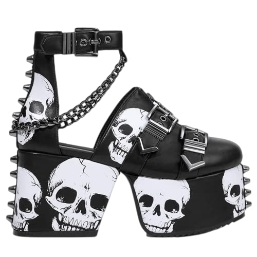 DETOGNI Women's Skulls Spiked Studs Chunky Platform Black Wedges Shoes Punk Gothic Chains Sandals Adjustable Straps Buckles Block Heel Boots