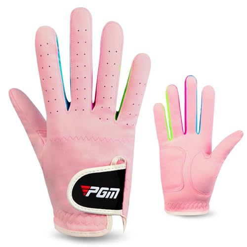 PGM Kids Youth Junior Toddler Boys Girls Golf Gloves Microfiber Synthetic Gloves for Left Hand Right Hand Golf Gloves Extra Value 1 Pair White Pink Age 3-12 (Pink, Large)