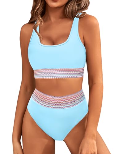 BMJL Womens Tummy Control Swimsuit High Waisted Two Piece Bikini Sets Athletic Color Block High Cut Swimwear(XL,Light Blue-New)