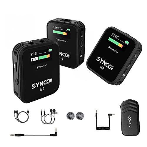 SYNCO G2(A2) Digital 2.4GHz Wireless Lavalier Microphone System 1-Trigger-2 Wireless Microphone, 150Hz Optional Low Cut TFT Screen for Camera DSLR Smartphone