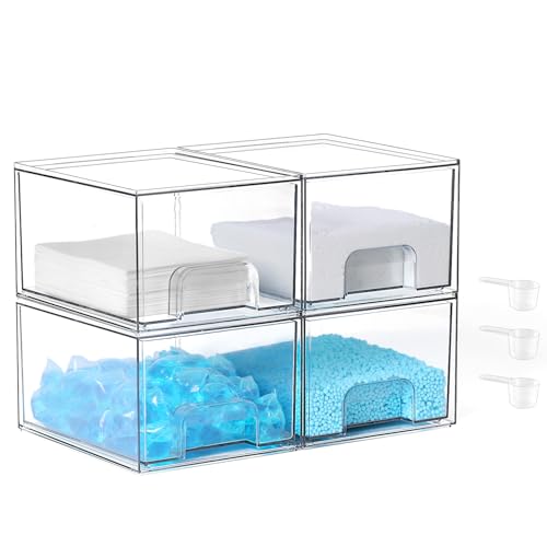 VEGEVIGI Laundry Pods Container and Dryer Sheet Holder Set, Dishwasher Pods Holder Set, Detergent Pods Storage Box, Scent Booster And Laundry Powder Dispenser Orangizer For Laundry Room, 4 PACK
