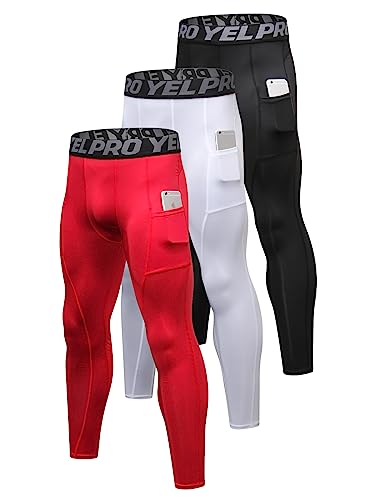 LEICHR 3 Pack Mens Compression Pants Running Tights Athletic Sports Baselayer Pockets Basketball Active Tights