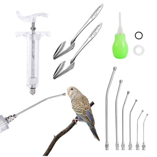 FULAIERGD 20ML Baby Bird Feeding Syringe Set Pet Syringe with 6 Pcs Curved Gavage Feeding Tubes and Bird Drinker Stainless Steel Metal Feeding Spoon for Baby Birds Parrot Small Pet