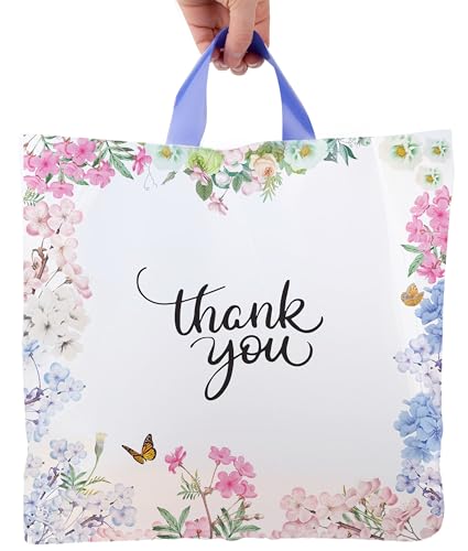 Purple Q Crafts Floral Thank You Plastic Bags 50 Pack 18" x 18" With Soft Loop Handle Thank You Shopping Bags