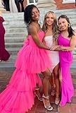 High Low Prom Dresses Ruffled Tulle Ball Gowns Long Formal Evening Dress Strapless Sweet 16 Party Gown Fuchsia