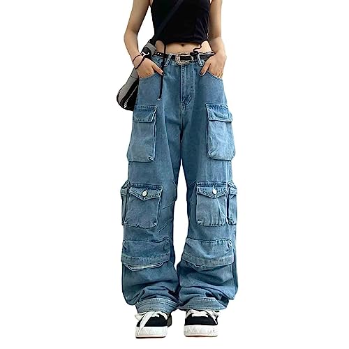 Women's Cargo Pants Y2K Clothing Multi-Pocket Relaxed Fit Jeans Grunge Clothes Alt Emo Hip Streetwear (Blue,S)