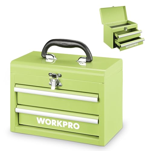 WORKPRO Portable Mini Tool Box, 2 Drawers Metal Tool Chest with Ball Bearing Slides, Top Storage and Lockable Latches, Ergonomic Carrying Handle, Mechanic Toolbox with PVC Liners and PP Feet Pads