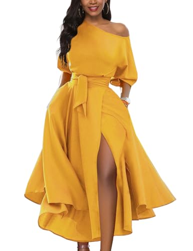 LILYIN Women’s Elegant Off Shoulder Short Sleeve Belted Side Slit Cocktail Party Swing Dress with Pockets (M, Mustard Yellow)