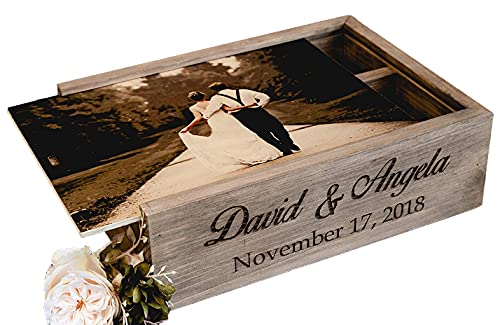 Personalized Wine and Letter Box Keepsake for Wedding Ceremony, Custom Photo on Wood Lid with First Names & Date Engraved on Side