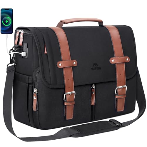 MATEIN Messenger Bag with USB Charging Port, 15.6 inch Laptop Bags Large Mens Briefcase with Shoulder Strap, Water Resistant Crossbody Satchel Work Computer Case for College Office Commuting, Black