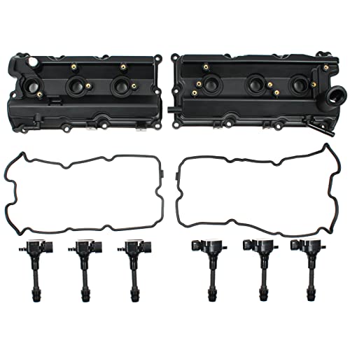 CNS Left & Right Engine Valve Cover w/Gasket & Ignition Coil Set Compatible with 2003-2008 Infiniti/Nissan 3.5L (3498cc) DOHC V6