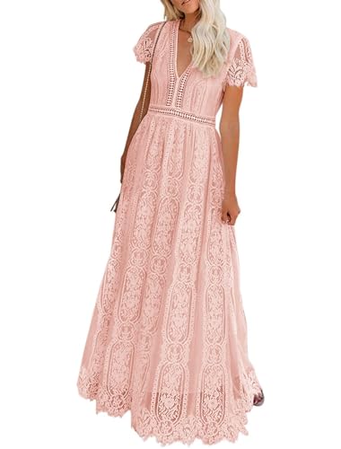 MEROKEETY Women's 2024 V Neck Short Sleeve Floral Lace Wedding Dress Bridesmaid Cocktail Party Maxi Dress, Pink, Medium