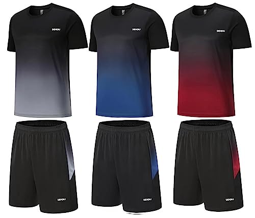 SIENDIU Men's Workout Sets Athletic Clothes Soccer Shirts Shorts 3 Pack Basketball Running Gym Football Outfits Summer