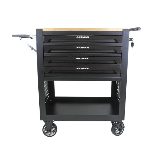 4 Drawers Rolling Tool Chest Cart with Wooden Top and Adjustable Shelf. Tool Storage Cabinet with 4 Wheels.Portable Tool Cabinet Trolley with Locking System .Tool Storage Cart for Garage,Workshop