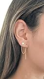 Double Piercing Earrings, Double Earrings for Two Holes Set, Chain 2 Hole Connected Threader Austin Down to Earth 14k Gold Filled or Sterling Silver (Gold, Star and Moon)