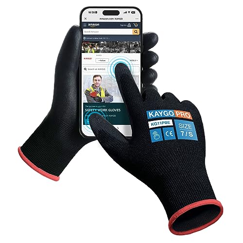 KAYGO Safety Work Gloves PU Coated for Men and Women, 60 Pairs KG11PB, Seamless Knit Glove with Two Fingers Touchscreen, breathable and lightweight Ideal for General Duty Work (Small,Black)