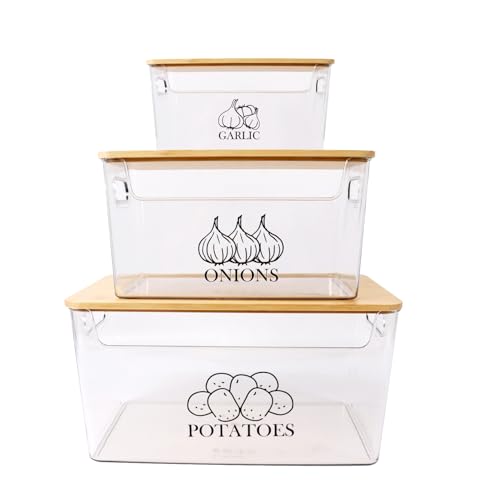 Xbopetda Potato and Onion Storage Bins, Transparent Acrylic Potato Bin with Bamboo Lid, Stackable Potato Storage Onion Keeper Garlic Container, Vegetable Storage Bins for Potato Onion Garlic, Set of 3