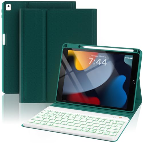 OPAKIT Keyboard Case for iPad 10.2'' 9th/8th/7th Generation, 7-Color Backlit Detachable Bluetooth Keyboard and Pencil Holder, for 2021, 2019, Air 3rd, Pro 10.5'', Teal