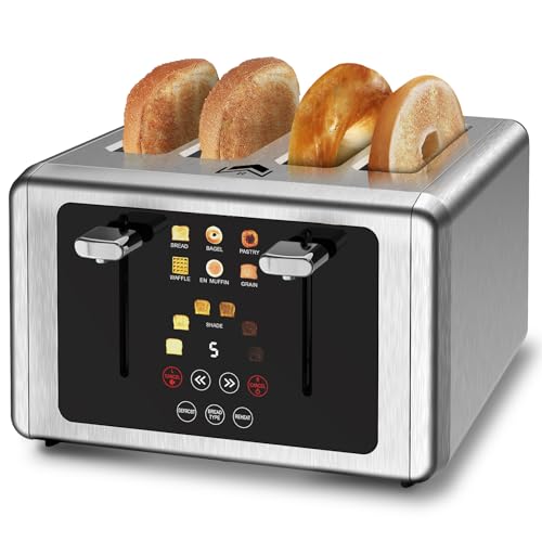 WUNLY 4 Slice Toaster, Touchscreen & Dual Independent Control Panel，5 Basic Functions & Digital Countdown Toasters, 6 Shade Settings＆6 Bread Types, Smart Bread Maker Mute/Screen-Off,Silver
