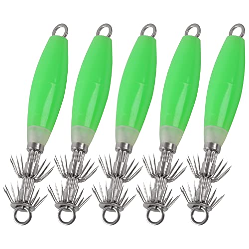 OROOTL Glow Squid Jig Hooks Kit, 5/10pcs Saltwater Luminous Squid Jigs Lure Fluorescent Fishing Cuttlefish Sleeve Squid Jig Baits Night Fishing Octopus Lures Set with Tackle Box