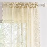 Kotile 80 Inch Length Beige Lace Curtains 2 Panels Set Country Vine Floral Scalloped Vintage Sheer Lace Curtains 80 Inches Long for Bedroom Living Room, Rod Pocket Privacy Lace Curtain, 52 x 80 Inch