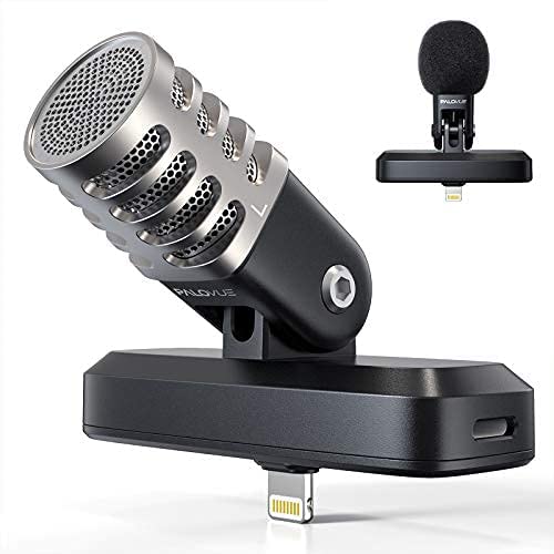 PALOVUE Portable MFi Certified Microphone with Lightning Connector for iPhone iPad, Professional Digital Stereo Cardioid Condenser Mic with Charging Port and 3.5mm Headphones Jack for Recording