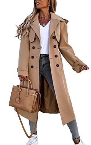 Fisoew Women's Double Breasted Long Trench Coat Windproof Classic Lapel Belted Overcoat with Pockets Khaki