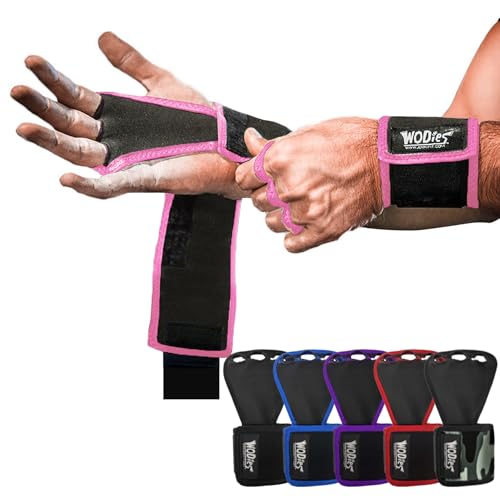 JerkFit WODies 3 Hole Gymnastics Grips with Wrist Support - Hand Grips, Latex Free Elastic Crossfit Grips for Weightlifting, Cross Training - Palm Protection Pull Up Grips for Men and Women (Small)