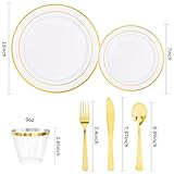 bUCLA 600Pcs Gold Dinnerware Set for 100 Guests - White and Gold Plastic Plates Disposable for party Include 100 Dinner Plates,100 Dessert Plates,100 Cups,100 Forks,100 Spoons,100 Knives