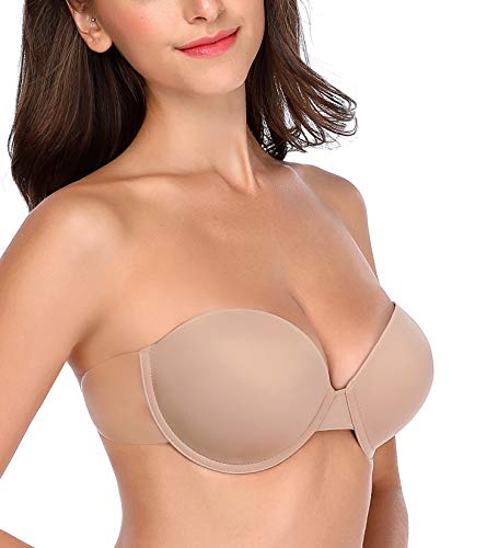 HANSCA Women’s Backless Strapless Push Up Bra Thick Padded Sticky Underwired Bras Self Adhesive(Nude,C)
