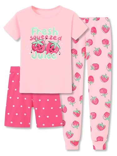 Topgal Trendy Pink Strawberry Cotton Pajamas for Girls 3 Pieces Comfy Tee Shorts & Pants Snug Fit Jammie Set Size 7