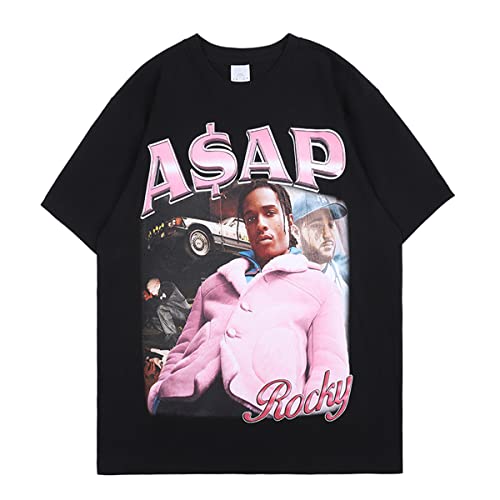 Men's ASAP Rocky T-Shirt Hip Hop Fun Black Graphic Tee Rapper Fashion Cool Graphics Unisex Short Sleeve Top for Teen Adult